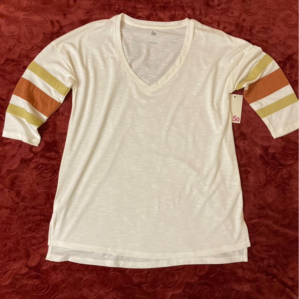 Cream V-Neck Top with Striped 3/4 Sleeves